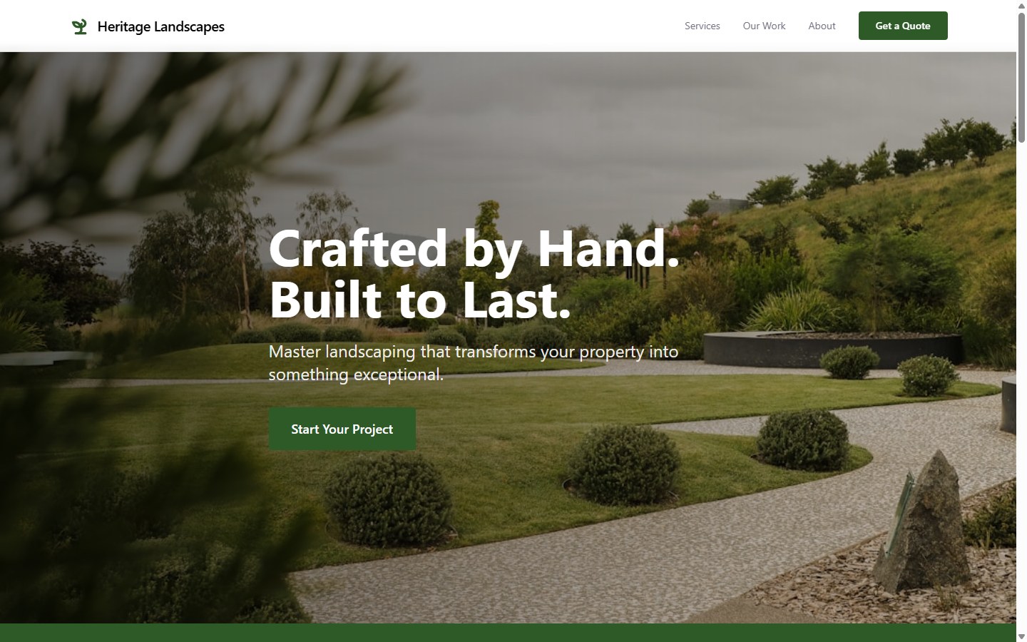 Heritage Landscapes — clean white palette with full-bleed photography hero and gallery grid